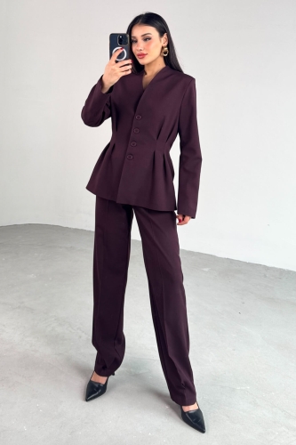 TKM-03708 Mürdüm Pensli Düğmeli Ceket Pantolon Casual Takım - 4