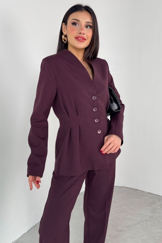 TKM-03708 Mürdüm Pensli Düğmeli Ceket Pantolon Casual Takım - Cappmoda (1)