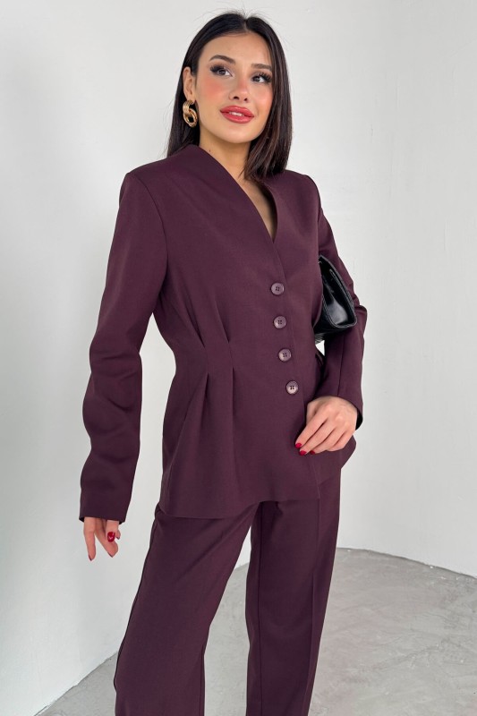 TKM-03708 Mürdüm Pensli Düğmeli Ceket Pantolon Casual Takım - 2