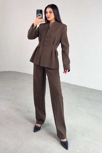 TKM-03708 Kahverengi Pensli Düğmeli Ceket Pantolon Casual Takım - 3