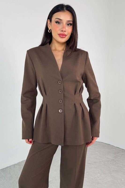 TKM-03708 Kahverengi Pensli Düğmeli Ceket Pantolon Casual Takım - 2