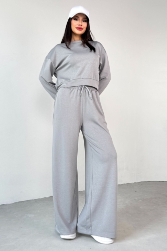 TKM-1103 Boyama Gri Modal Kumaş Crop Salaş Bluz Bel Lastikli Palazzo Alt İkili Takım - Cappmoda