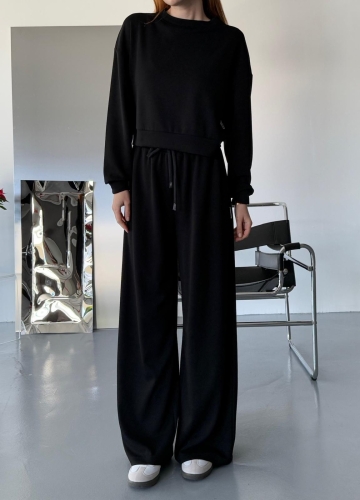 TKM-1103 Siyah Modal Kumaş Crop Salaş Bluz Bel Lastikli Palazzo Alt İkili Takım - 2