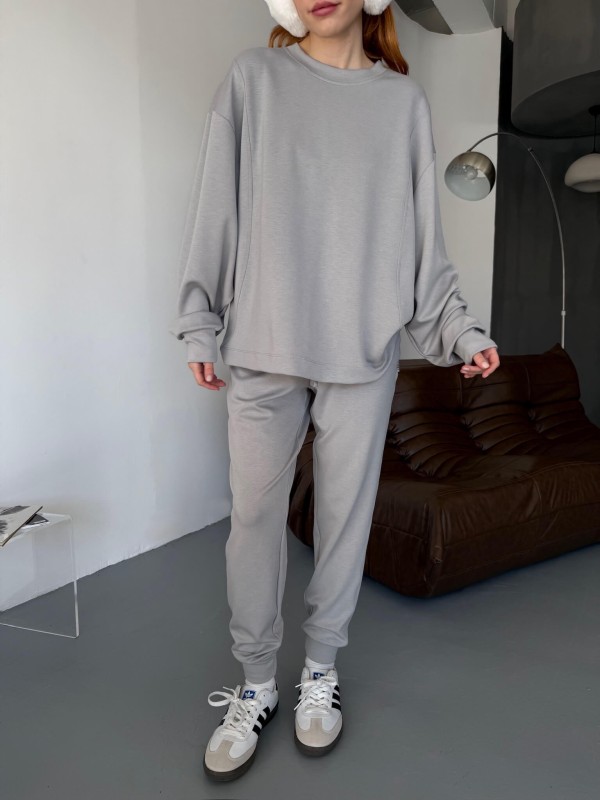 TKM-1106 Boyama Gri Modal Kumaş Oversize Salaş Bluz Paça Lastikli Gazili İkili Takım - 2