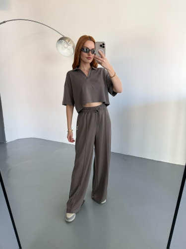 TKM-1112 Füme Modal Kumaş Polo V Yaka Bluz Bel Lastikli Palazzo Alt İkili Takım 