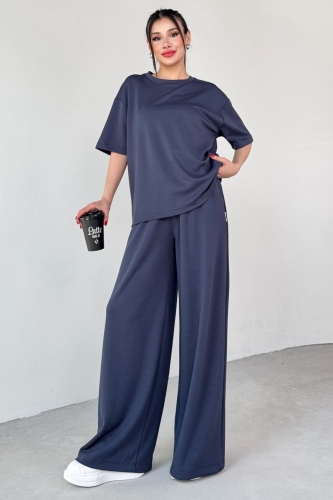 TKM-1113 Lacivert Modal Kumaş Yarım Kol Basic Bluz Palazzo Bel Lastikli Alt İkili Takım - Cappmoda