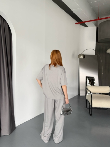 TKM-1114 Boyama Gri Modal Kumaş Kısa Kollu Bluz Havuç Model Çimalı Alt İkili Takım - 3