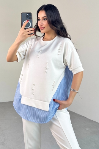 TKM-13258 Beyaz İncili Gömlek Detay Bluz Salaş Pantolon İkili Takım - 5