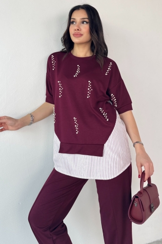 TKM-13258 Bordo İncili Gömlek Detay Bluz Salaş Pantolon İkili Takım - 4