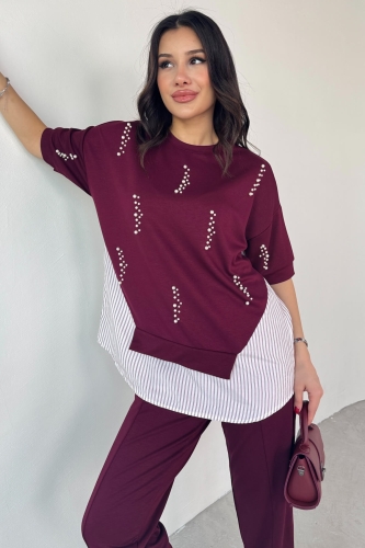 TKM-13258 Bordo İncili Gömlek Detay Bluz Salaş Pantolon İkili Takım - 2