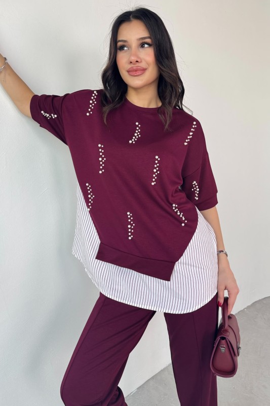 TKM-13258 Bordo İncili Gömlek Detay Bluz Salaş Pantolon İkili Takım - 2
