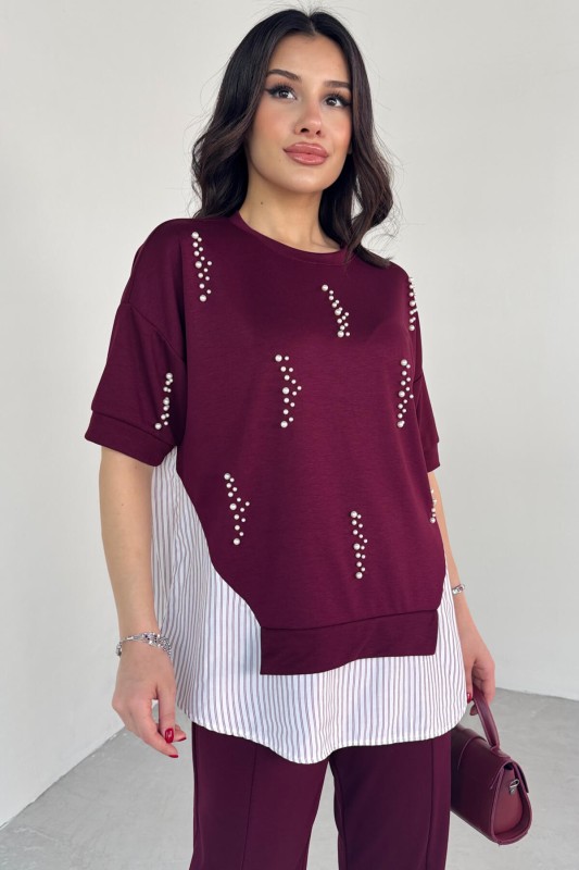 TKM-13258 Bordo İncili Gömlek Detay Bluz Salaş Pantolon İkili Takım - 5