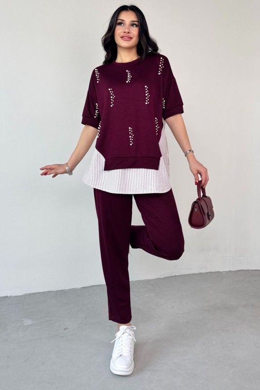 TKM-13258 Bordo İncili Gömlek Detay Bluz Salaş Pantolon İkili Takım - 3