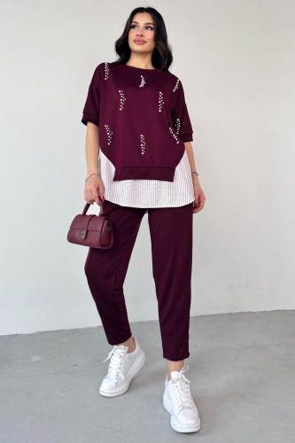 TKM-13258 Bordo İncili Gömlek Detay Bluz Salaş Pantolon İkili Takım - 6