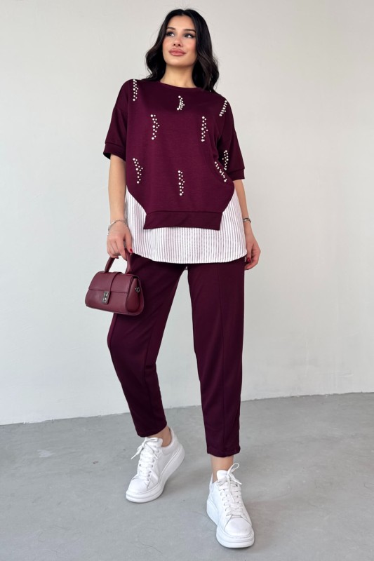 TKM-13258 Bordo İncili Gömlek Detay Bluz Salaş Pantolon İkili Takım - 6