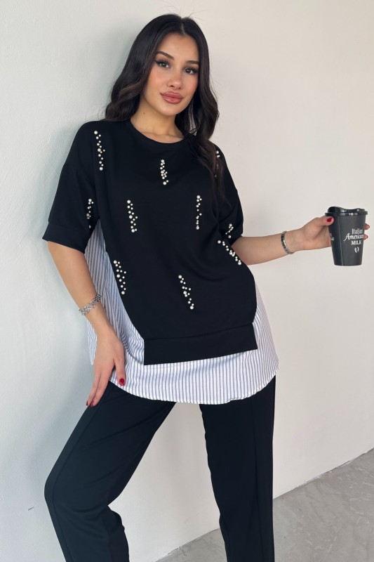 TKM-13258 Siyah İncili Gömlek Detay Bluz Salaş Pantolon İkili Takım - 4