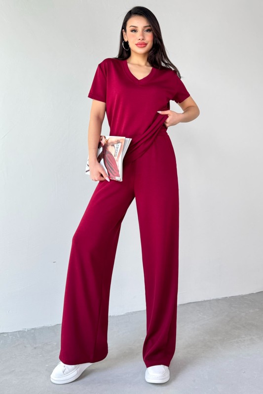 TKM-13261 Bordo V Yaka Tişört Yüksek Bel Salaş Pantolon İkili Takım - 1