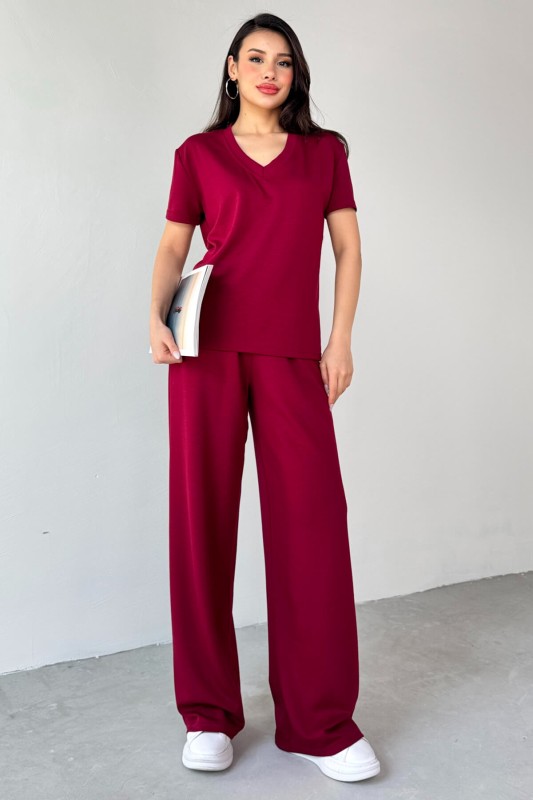 TKM-13261 Bordo V Yaka Tişört Yüksek Bel Salaş Pantolon İkili Takım - 3