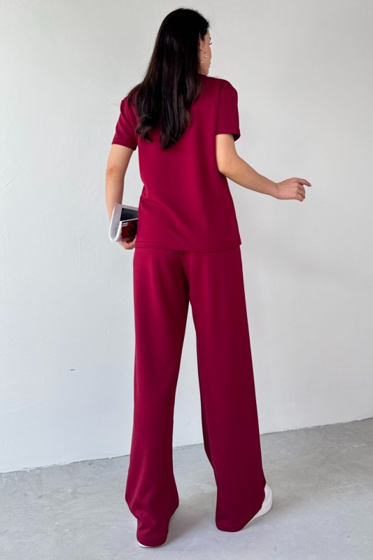 TKM-13261 Bordo V Yaka Tişört Yüksek Bel Salaş Pantolon İkili Takım - 5