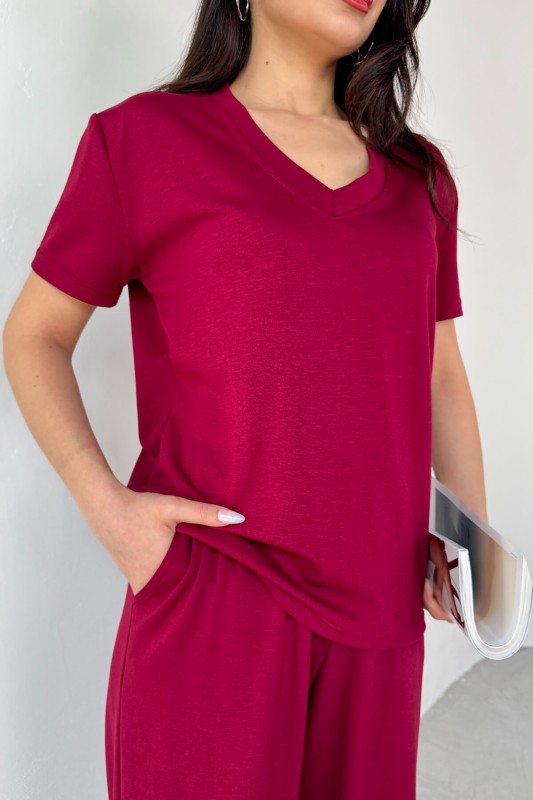 TKM-13261 Bordo V Yaka Tişört Yüksek Bel Salaş Pantolon İkili Takım - 6