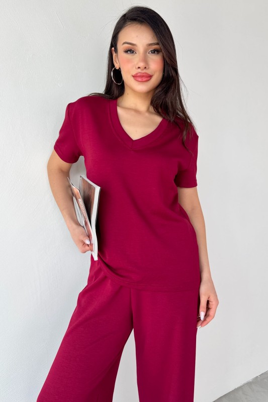 TKM-13261 Bordo V Yaka Tişört Yüksek Bel Salaş Pantolon İkili Takım - 2