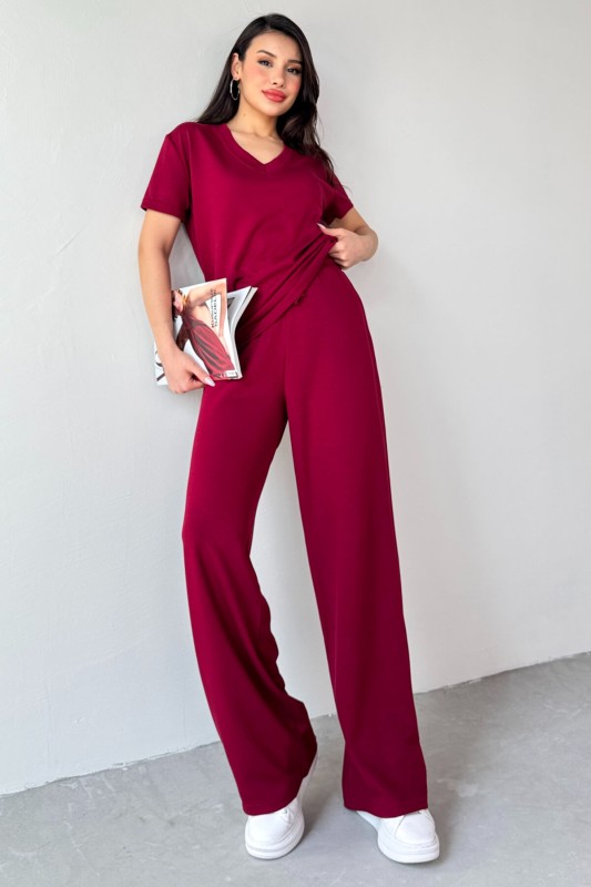 TKM-13261 Bordo V Yaka Tişört Yüksek Bel Salaş Pantolon İkili Takım - 7