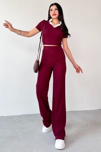 TKM-13264 Bordo Gömlek Detay Crop Bluz Yüksek Bel Pantolon İkili Takım 