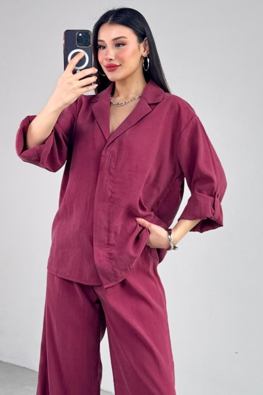 TKM-13271 Bordo Dokuma Kruvaze Yaka Gömlek Salaş Pantolon İkili Takım - 3