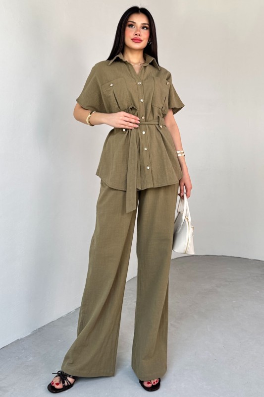 TKM-13274 Haki Polo Yaka Kuşaklı Gömlek Pantolon Keten İkili Takım - 1