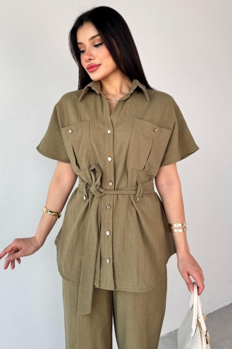 TKM-13274 Haki Polo Yaka Kuşaklı Gömlek Pantolon Keten İkili Takım - 3