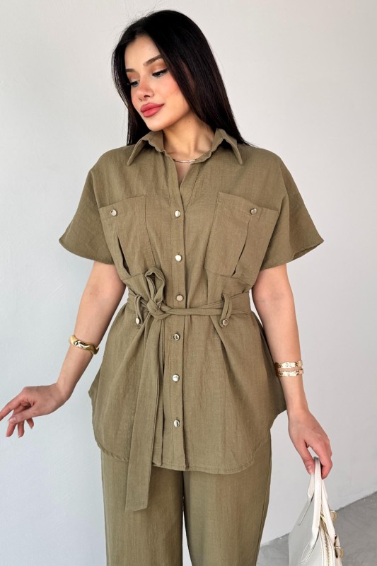 TKM-13274 Haki Polo Yaka Kuşaklı Gömlek Pantolon Keten İkili Takım - 3