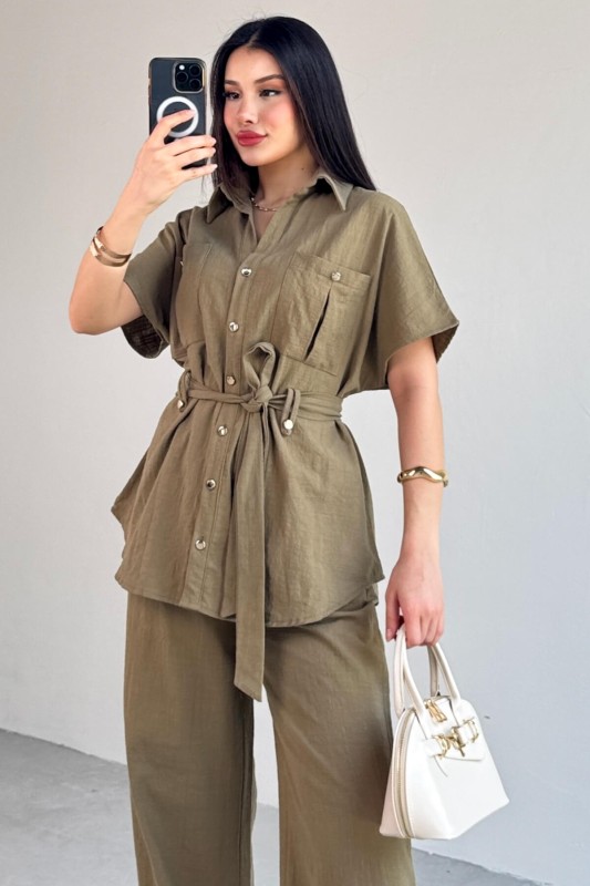 TKM-13274 Haki Polo Yaka Kuşaklı Gömlek Pantolon Keten İkili Takım - 5