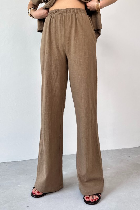 TKM-13274 Kahverengi Polo Yaka Kuşaklı Gömlek Pantolon Keten İkili Takım - 4
