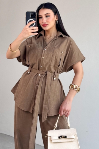 TKM-13274 Kahverengi Polo Yaka Kuşaklı Gömlek Pantolon Keten İkili Takım - 5