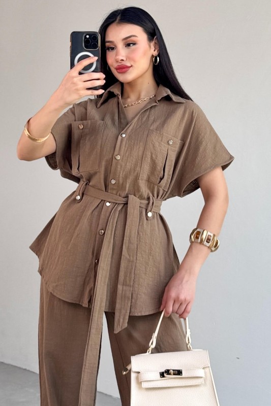 TKM-13274 Kahverengi Polo Yaka Kuşaklı Gömlek Pantolon Keten İkili Takım - 5