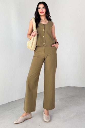 TKM-13292 Haki Gold Düğme Detay Yelek Yan Fermuarlı Boru Paça Pantolon İkili Takım - 2