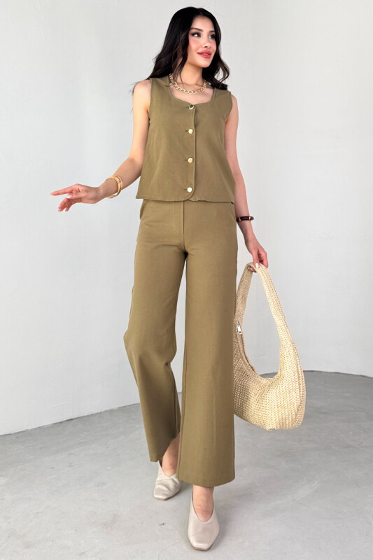 TKM-13292 Haki Gold Düğme Detay Yelek Yan Fermuarlı Boru Paça Pantolon İkili Takım - 3