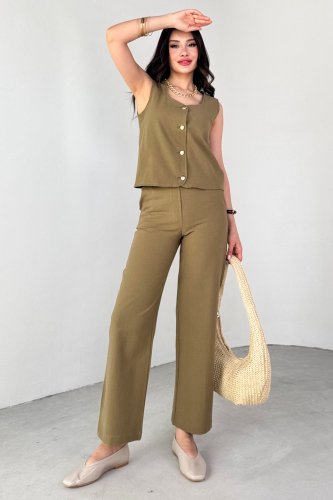 TKM-13292 Haki Gold Düğme Detay Yelek Yan Fermuarlı Boru Paça Pantolon İkili Takım - 4