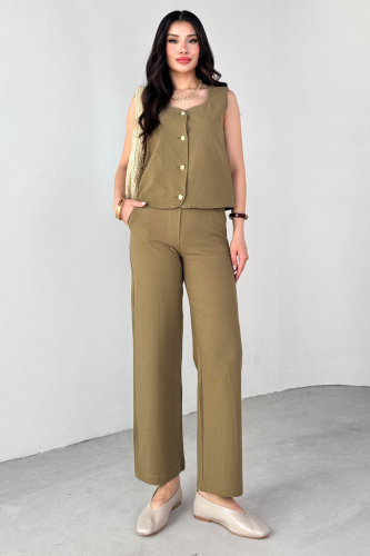 TKM-13292 Haki Gold Düğme Detay Yelek Yan Fermuarlı Boru Paça Pantolon İkili Takım - 5
