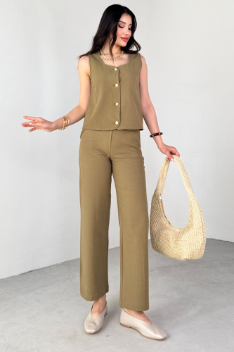 TKM-13292 Haki Gold Düğme Detay Yelek Yan Fermuarlı Boru Paça Pantolon İkili Takım - 1