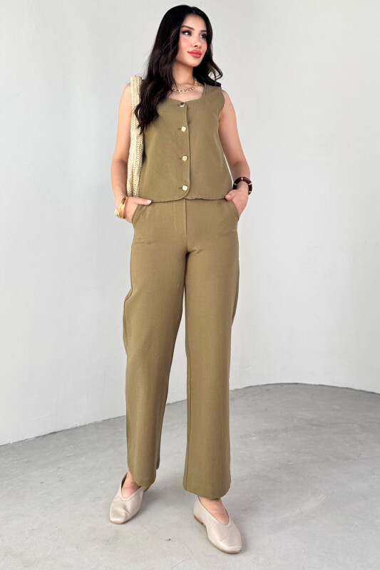 TKM-13292 Haki Gold Düğme Detay Yelek Yan Fermuarlı Boru Paça Pantolon İkili Takım - 6