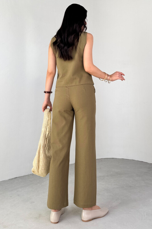 TKM-13292 Haki Gold Düğme Detay Yelek Yan Fermuarlı Boru Paça Pantolon İkili Takım - 7