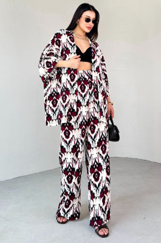 TKM-13296 Bordo Etnik Desenli Kimono & Pantolon İkili Takım 