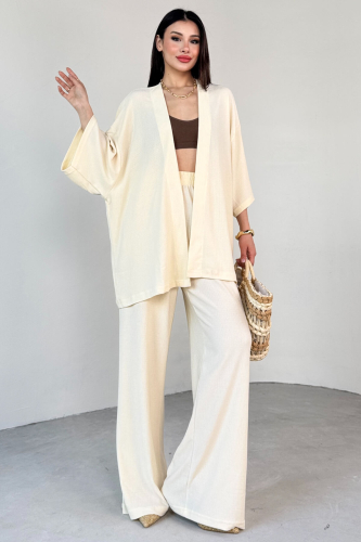 TKM-13297 Krem Modern Kesim Kimono & Salaş Pantolon Yazlık İkili Takım 