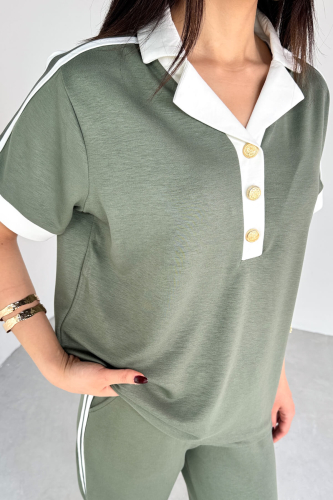 TKM-13304 Mint Yeşili Modal Kumaş Polo Düğmeli Yaka Tişört & Salaş Pantolon Çizgili İkili Takım - 8