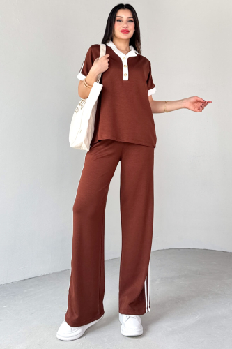 TKM-13304 Taba Modal Kumaş Polo Düğmeli Yaka Tişört & Salaş Pantolon Çizgili İkili Takım 