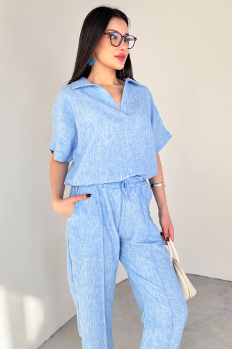 TKM-13309 Mavi Polo Yaka Oversize Tişört & Bağlama Detaylı Havuç Pantolon İkili Takım - 2