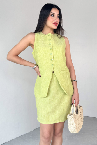 TKM-13313 Yağ Yeşili Modern Fit Düğmeli Yelek & Fermuar Detaylı Mini Etek Keten İkili Takım 