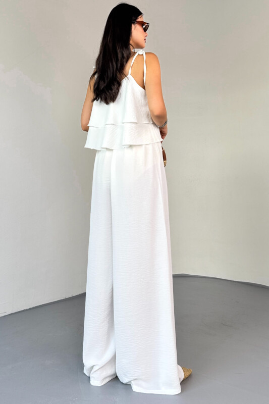 TKM-13323 Beyaz Ayarlanabilir Askılı Dökümlü Bluz & Bel Lastikli Salaş Pantolon Koton İkili Takım - 6