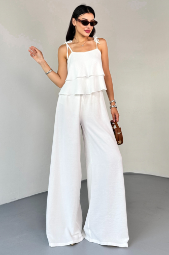 TKM-13323 Beyaz Ayarlanabilir Askılı Dökümlü Bluz & Bel Lastikli Salaş Pantolon Koton İkili Takım - Cappmoda